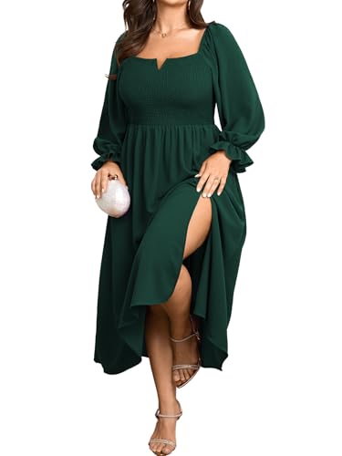 SCOMCHIC Damen-Maxikleid in Übergröße, langärmelig, quadratischer Ausschnitt, gesmokt, für Hochzeitsgäste, fließend, geteilt, Herbstkleider mit Taschen, Smaragdrün, 4XL von SCOMCHIC