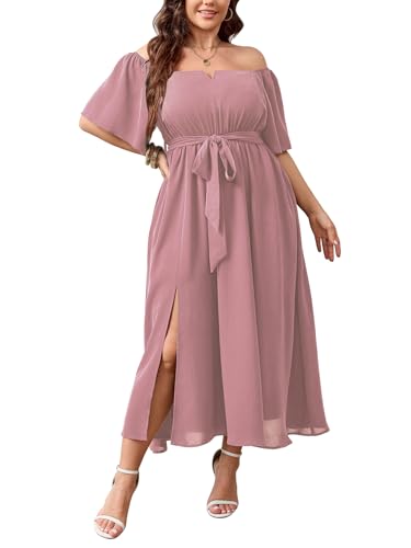 SCOMCHIC Damen-Maxikleid in Übergröße, schulterfrei, für Hochzeitsgäste, Cocktail, A-Linie, geteiltes Maxikleid mit Taschen, Pink, X-Large Mehr von SCOMCHIC