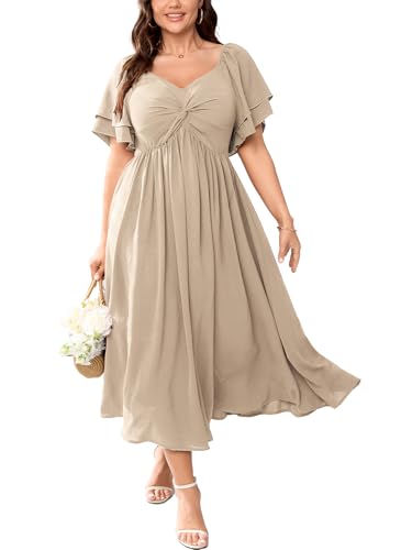 SCOMCHIC Damen Übergröße Hochzeit Gäste Cocktailkleider Sweetheart-Ausschnitt Rüschenärmel A-Linie Maxikleid, Beige, X-Large Mehr von SCOMCHIC