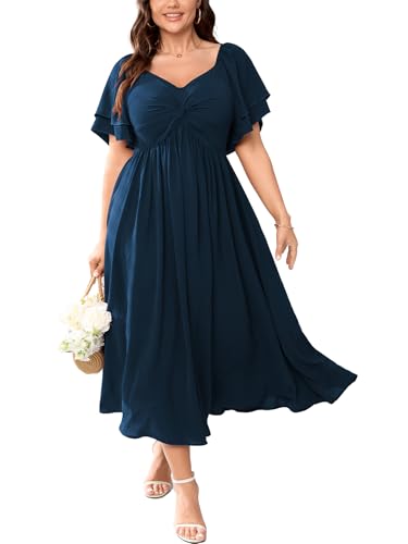 SCOMCHIC Damen Übergröße Hochzeit Gäste Cocktailkleider Sweetheart-Ausschnitt Rüschenärmel A-Linie Maxikleid, Seeblau, XXX-Large Mehr von SCOMCHIC