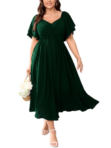 SCOMCHIC Damen Übergröße Hochzeit Gäste Cocktailkleider Sweetheart-Ausschnitt Rüschenärmel A-Linie Maxikleid, Smaragdrün, XXX-Large Mehr von SCOMCHIC