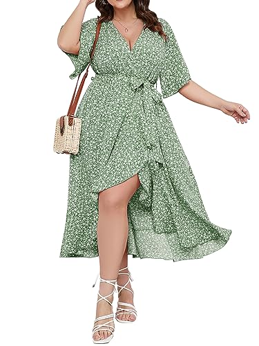 SCOMCHIC Damen Übergröße Sommer Blumendruck Wickelkleid V-Ausschnitt Kurzarm Hoch Niedrig Split Strand Maxikleid, Grün , X-Large Mehr von SCOMCHIC