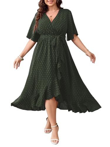 SCOMCHIC Damen Übergröße Sommerkleider Kurzarm Wrap V Ausschnitt Swiss Dot Boho High Low Split Rüschen Maxikleid, Grün (Army Green), 4XL von SCOMCHIC