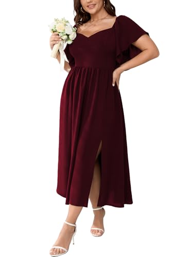 SCOMCHIC Damenkleider in Übergröße, kurzärmelig, Herzausschnitt, Hochzeitsgäste, Cocktailkleid, gesmokt, A-Linie, Schlitz, Maxikleid, Burgunder, XX-Large Mehr von SCOMCHIC