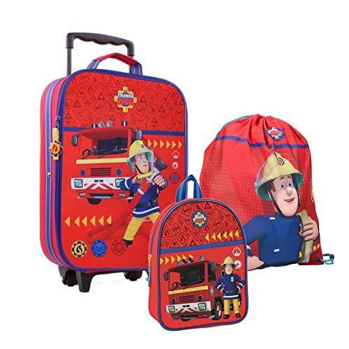 SCOOLSTAR Feuerwehrmann Sam 3 in1 Kofferset für Jungen Reisetasche Urlaub Reisekoffer Rucksacktrolley | Rolly | inkl. Rucksack und Sportbeutel von SCOOLSTAR