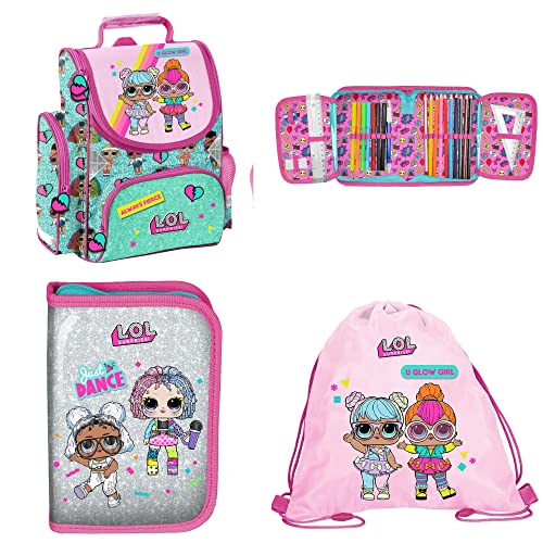 LOL Schulranzen Mädchen 1 Klasse Tornister Schulrucksack SET 3 tlg. L.O.L. für Grundschule ergonomisch und anatomisch/inkl. Federmäppchen (gefüllt) und Sportbeutel von SCOOLSTAR