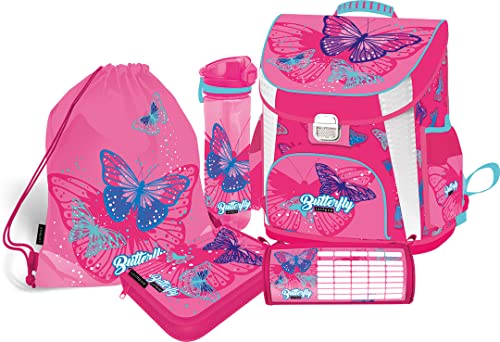 SCHMETTERLING SCHULRANZEN SET MÄDCHEN 1 KLASSE | SET 5 TEILIG FÜR GRUNDSCHULE | SUPER LEICHT | ERGONOMISCH und ANATOMISCH | inkl. Sportbeutel, Federmäppchen, Stifteetui, Trinkflasche von SCOOLSTAR