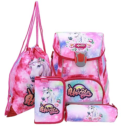 Einhorn Schulranzen Set für Mädchen 1 Klasse | Tornister Schulrucksack für Grundschule | super leicht | ergonomisch und anatomisch ! inkl. Federmäppchen Sportbeutel Stiftetui von SCOOLSTAR