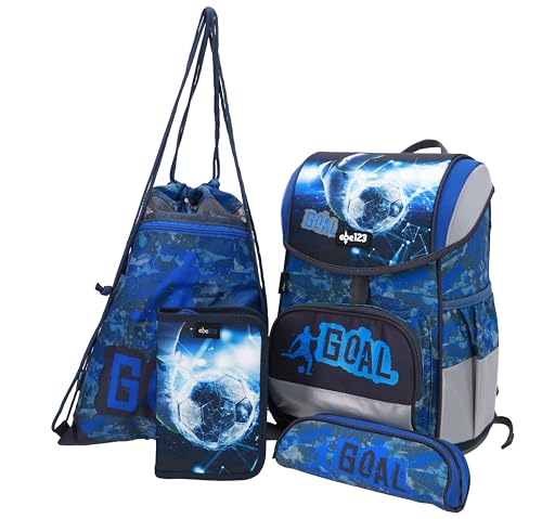 SCOOLSTAR Fußball Schulranzen Schultornister FIDLOCK Junge 1 Klasse Schulrucksack Schultasche | Set 4 TLG. für Grundschule | inkl. Federmäppchen Turnbeutel Stifteetui von SCOOLSTAR