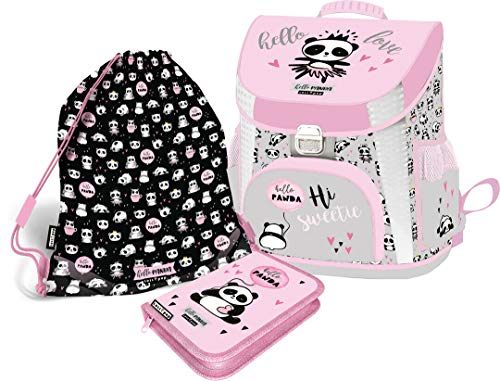 SCOOLSTAR PANDA SCHULRANZEN Mädchen 1 Klasse Tornister Schulrucksack Schultasche Set 3 teilig inkl. Federmäppchen Sportbeutel für Grundschule super leicht von SCOOLSTAR