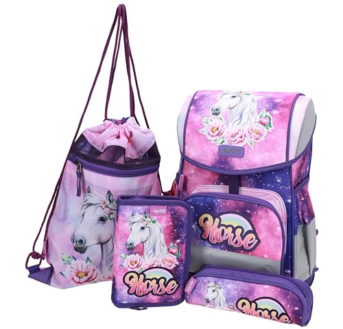 SCOOLSTAR Pferde Schulranzen Set MÄDCHEN 1 KLASSE | Set 4 TEILIG FÜR GRUNDSCHULE | FIDLOCK | LEICHT | ERGONOMISCH und ANATOMISCH | inkl. Sportbeutel, Federmäppchen, Stifteetui. von SCOOLSTAR