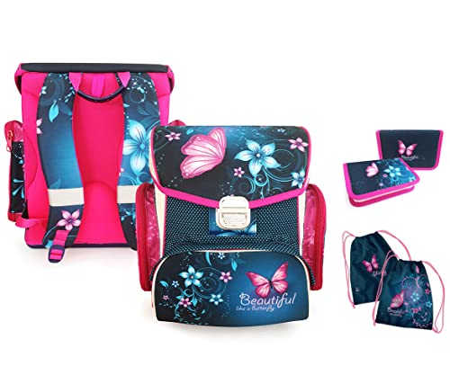 SCOOLSTAR Schmetterling Schulranzen Set MÄDCHEN 1 KLASSE | Set 3 TEILIG FÜR GRUNDSCHULE | INKL. FEDERMÄPPCHEN SPORTBEUTEL von SCOOLSTAR