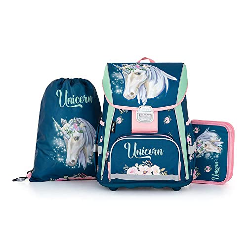 SCOOLSTAR Schulranzen Einhorn Mädchen 1 Klasse Tornister Schulrucksack Schultasche SET 3 teilig inkl. Federmäppchen und Sportbeutel für Grundschule super leicht ! von SCOOLSTAR