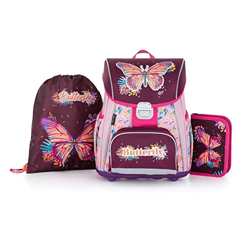 Schmetterling Schulranzen Set MÄDCHEN 1 KLASSE | Set 3 TEILIG FÜR GRUNDSCHULE | SUPER LEICHT | INKL. FEDERMÄPPCHEN SPORTBEUTEL von SCOOLSTAR