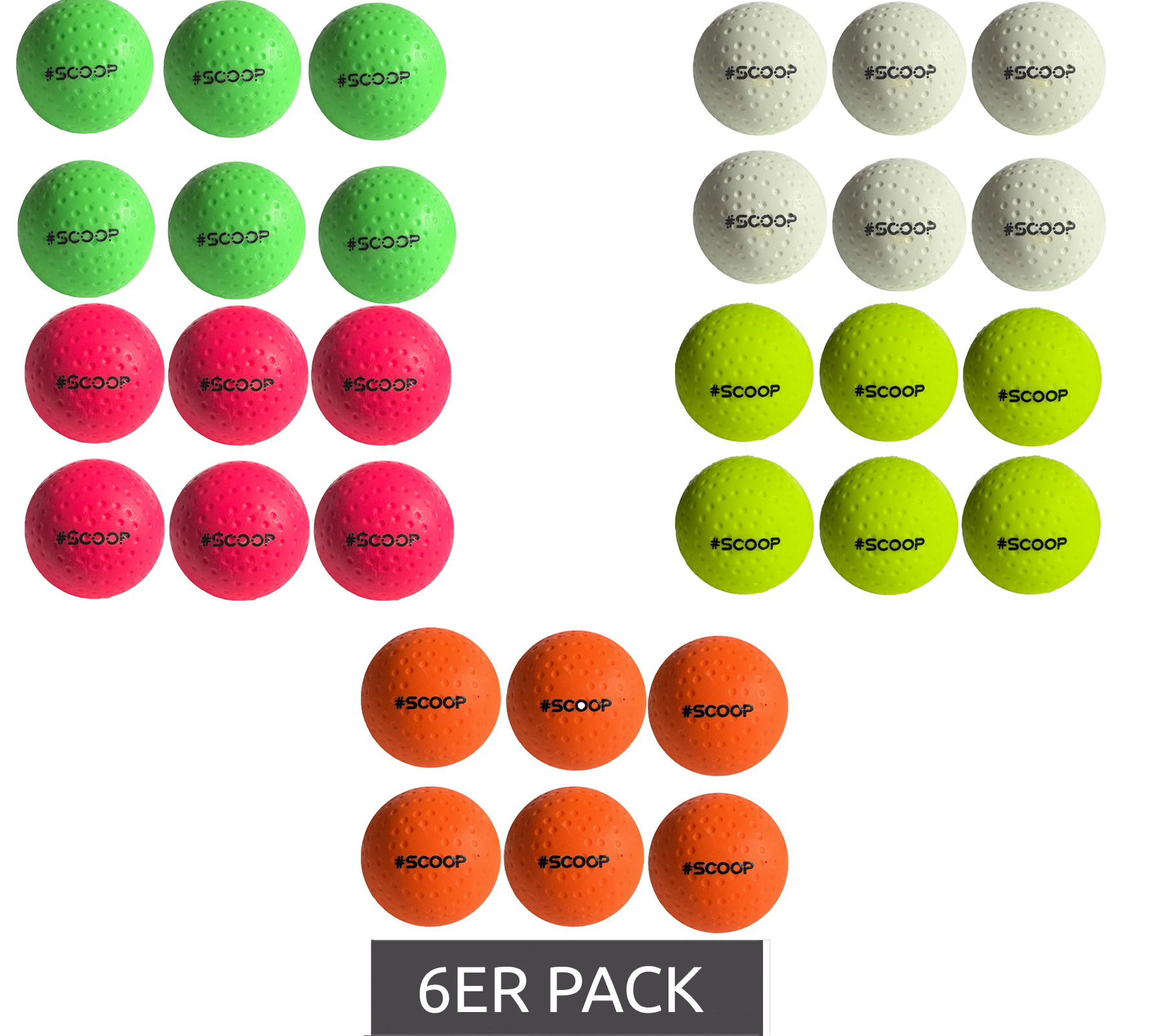 6er Sparpack SCOOP X-Treme Hockey Street-Balls mit Dimple-Design Hockeyball Sport-Ausrüstung Weiß, Grün, Pink, Gelb oder Orange von SCOOP
