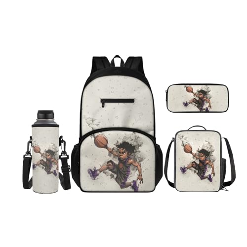 SCRAWLGOD 4-in-1 Kinder-Rucksack, Schulanfang, große Lunchbox, Federmäppchen mit Wasserflaschentasche, Sets für Mädchen und Jungen, Basketball African Boy Cartoon, Rucksack 4er Set von SCRAWLGOD