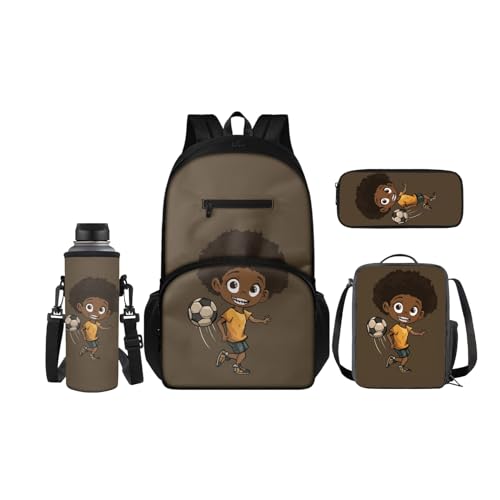 SCRAWLGOD 4-in-1 Kinder-Rucksack, Schulanfang, große Lunchbox, Federmäppchen mit Wasserflaschentasche, Sets für Mädchen und Jungen, Braunes afrikanisches Mädchen, Cartoon, Rucksack 4er Set von SCRAWLGOD