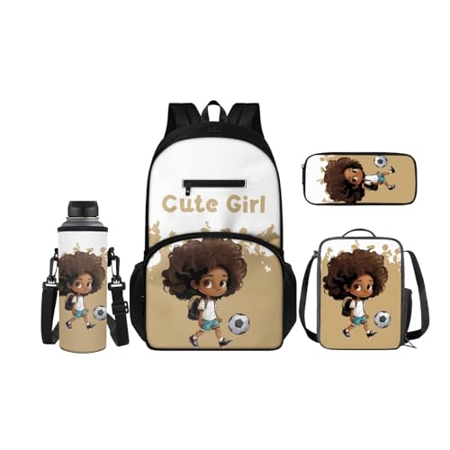 SCRAWLGOD 4-in-1 Kinder-Rucksack, Schulanfang, große Lunchbox, Federmäppchen mit Wasserflaschentasche, Sets für Mädchen und Jungen, Niedliches afrikanisches Mädchen, Cartoon, Rucksack 4er Set von SCRAWLGOD