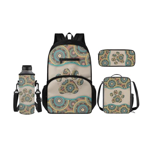 SCRAWLGOD 4-teiliges Kinder-Rucksack-Set, Schul-Büchertasche mit isolierter Lunchbox, Federmäppchen, Wasserflaschenhalter für Mädchen und Jungen, Boston Terrier von SCRAWLGOD