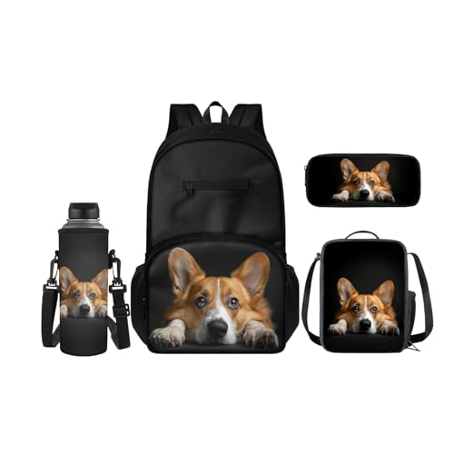 SCRAWLGOD 4-teiliges Kinder-Rucksack-Set, Schul-Büchertasche mit isolierter Lunchbox, Federmäppchen, Wasserflaschenhalter für Mädchen und Jungen, Corgi Dog von SCRAWLGOD