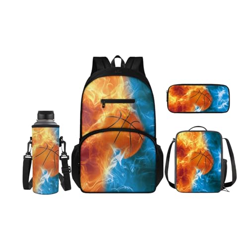 SCRAWLGOD 4-teiliges Kinder-Rucksack-Set, Schul-Büchertasche mit isolierter Lunchbox, Federmäppchen, Wasserflaschenhalter für Mädchen und Jungen, Feuerbrennender Basketball von SCRAWLGOD