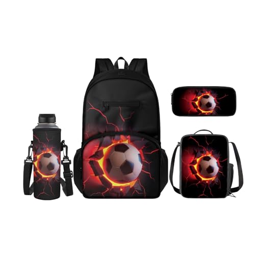 SCRAWLGOD 4-teiliges Kinder-Rucksack-Set, Schul-Büchertasche mit isolierter Lunchbox, Federmäppchen, Wasserflaschenhalter für Mädchen und Jungen, Fußball von SCRAWLGOD