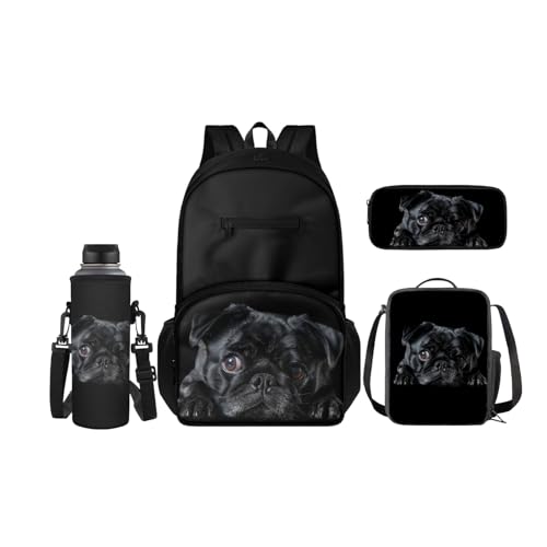 SCRAWLGOD 4-teiliges Kinder-Rucksack-Set, Schul-Büchertasche mit isolierter Lunchbox, Federmäppchen, Wasserflaschenhalter für Mädchen und Jungen, Mops von SCRAWLGOD