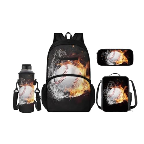 SCRAWLGOD 4-teiliges Kinder-Rucksack-Set, Schul-Büchertasche mit isolierter Lunchbox, Federmäppchen, Wasserflaschenhalter für Mädchen und Jungen, Orange Flame von SCRAWLGOD