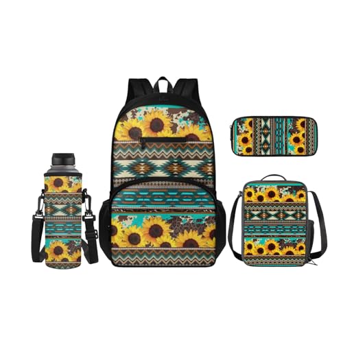 SCRAWLGOD 4-teiliges Kinder-Rucksack-Set, Schul-Büchertasche mit isolierter Lunchbox, Federmäppchen, Wasserflaschenhalter für Mädchen und Jungen, Sonnenblumen-Aztekenmuster im Südwesten von SCRAWLGOD