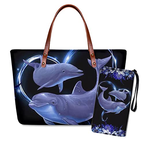 SCRAWLGOD Butterfly-Geldbörsen und Handtaschen-Sets für Damen, Top-Griff, Schultertasche mit passenden Geldbörsen, 2 Stück, Delfine Floral Heart, Einheitsgröße von SCRAWLGOD