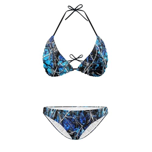 SCRAWLGOD Damen-Badeanzug, Raffhalter, sexy Triangel-Bikini-Set, hoher Schnitt, Tanga, Badeanzug, XS-2XL, Blaue Zweige, S von SCRAWLGOD