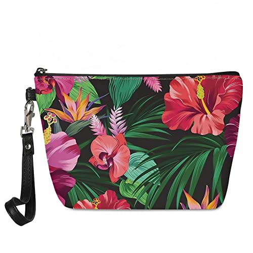 SCRAWLGOD Damen Kosmetiktasche PU Leder Tragbare Make-up Tasche Reise Kulturbeutel Organizer, Hibiskusblüten, Einheitsgröße von SCRAWLGOD