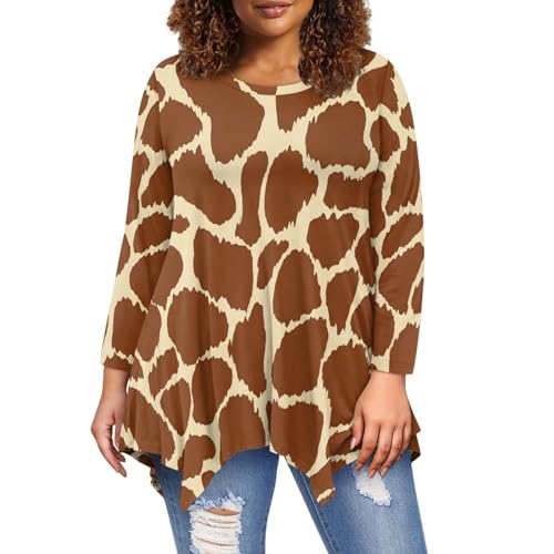 SCRAWLGOD Damen Langarm Tunika Tops Blusen Elegant Casual Basic Unregelmäßiger Saum Langarm Top Rundhals Herbst Mode Blusen Pullover, Giraffenmuster, Large von SCRAWLGOD