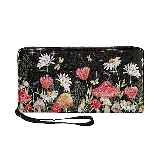 SCRAWLGOD Damen Lange Geldbörse um Reißverschluss Kartenhalter Geldbörse Clutch Tasche mit Handschlaufe, Sterne Pilz Blume, Einheitsgröße, Casual von SCRAWLGOD