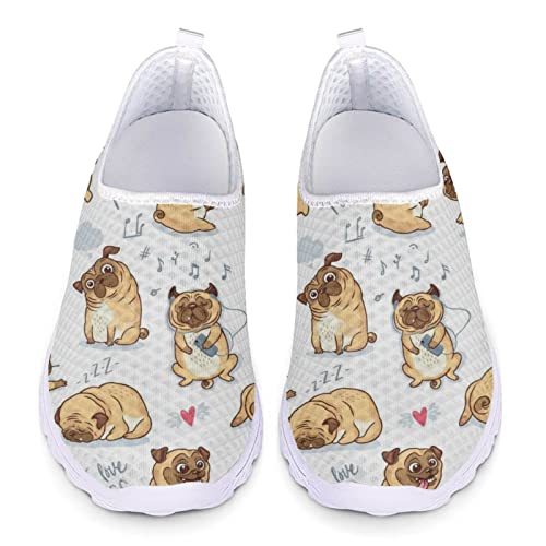 SCRAWLGOD Damen Schuhe Bequeme Laufschuhe Mesh Atmungsaktiv Walking Tennis Schuhe Slip On Flats Loafer, Niedlicher Cartoon-Mops, 40.5 EU von SCRAWLGOD