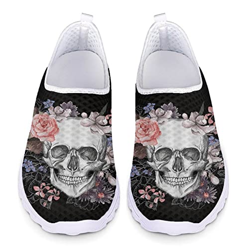 SCRAWLGOD Damen Sneakers Atmungsaktive Mesh Flats Trainingsschuhe Slip On Loafers Sport Footwear, Totenkopf Floral, 40.5 EU von SCRAWLGOD