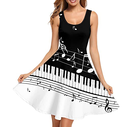 SCRAWLGOD Damen Tank Kleid Sommer Ärmellos Sommerkleid Casual Midi Rückenfrei Swing Kleider mit Tasche, Klaviertastatur Musiknote, X-Small von SCRAWLGOD