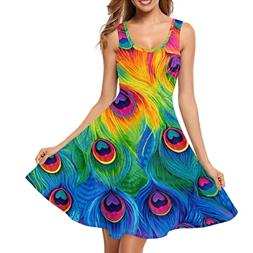 SCRAWLGOD Damen Tank Kleid Sommer Ärmellos Sommerkleid Casual Midi Rückenfrei Swing Kleider mit Tasche, Regenbogen Pfau, XXXXL von SCRAWLGOD