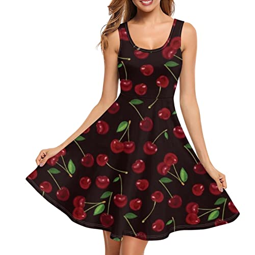 SCRAWLGOD Damen Tank Kleid Sommer Ärmellos Sommerkleid Casual Midi Rückenfrei Swing Kleider mit Tasche, cherry, X-Large von SCRAWLGOD