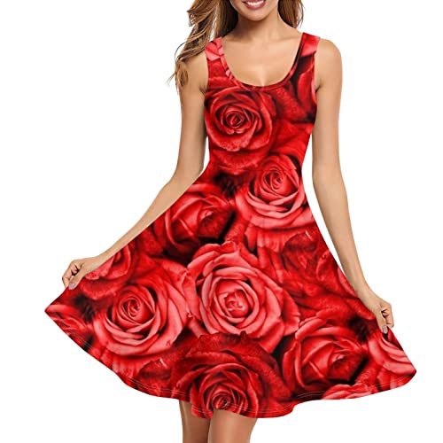 SCRAWLGOD Damen Tank Kleid Sommer Ärmellos Sommerkleid Casual Midi Rückenfrei Swing Kleider mit Tasche, rote rose, XX-Large von SCRAWLGOD