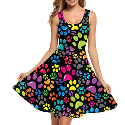 SCRAWLGOD Damen Tank Swing Kleid Casual T Shirt Kleider Strand Midi Sommerkleid mit Tasche, Bunte Pfoten., X-Large von SCRAWLGOD