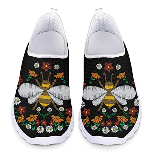SCRAWLGOD Damen Wanderschuhe Mesh Slip On Air Mesh Loafer Atmungsaktiv Leicht Laufschuhe Laufschuhe Sneaker, Biene mit Blumenmuster, 39.5 EU von SCRAWLGOD