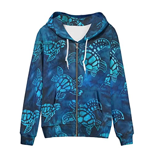 SCRAWLGOD Damen Zip Up Hoodie Oversized Sweatshirt Casual Langarm Tops Jacke mit Taschen, Blaue Meeresschildkröte, 38 von SCRAWLGOD