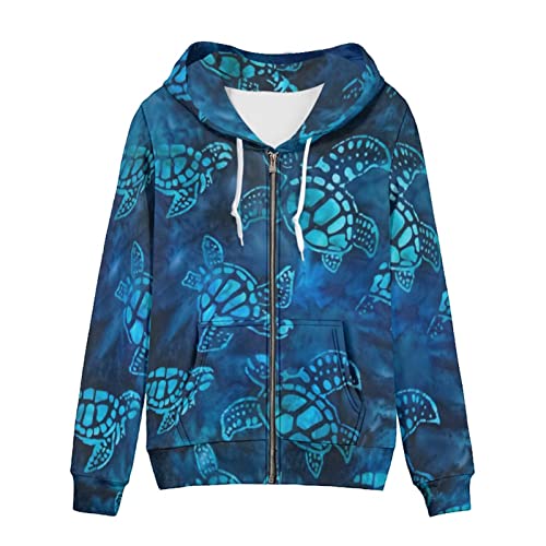 SCRAWLGOD Damen Zip Up Hoodie Oversized Sweatshirt Casual Langarm Tops Jacke mit Taschen, Blaue Meeresschildkröte, 46 von SCRAWLGOD