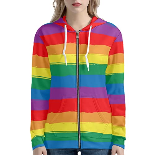 SCRAWLGOD Damen Zip Up Hoodie Oversized Sweatshirt Casual Langarm Tops Jacke mit Taschen, Bunte Regenbogenfarben, 38 von SCRAWLGOD