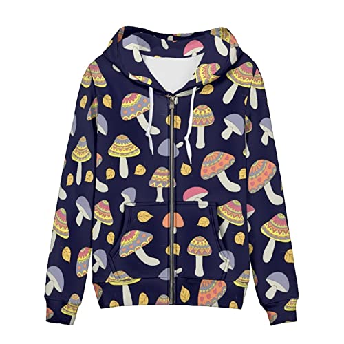 SCRAWLGOD Damen Zip Up Hoodie Oversized Sweatshirt Casual Langarm Tops Jacke mit Taschen, Cartoon-Pilz, 38 von SCRAWLGOD