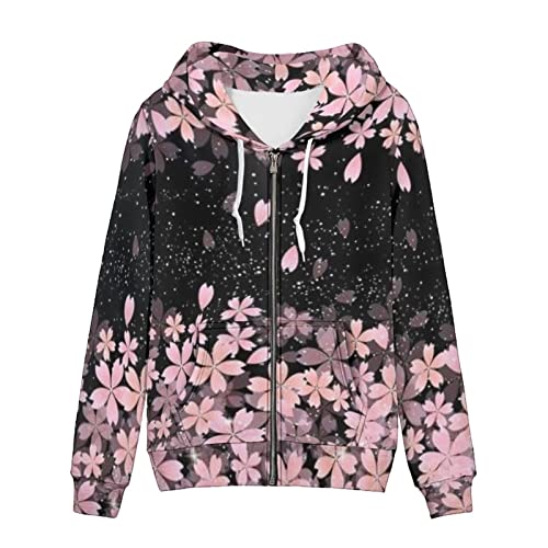 SCRAWLGOD Damen Zip Up Hoodie Oversized Sweatshirt Casual Langarm Tops Jacke mit Taschen, Cherry Blossom, 46 von SCRAWLGOD
