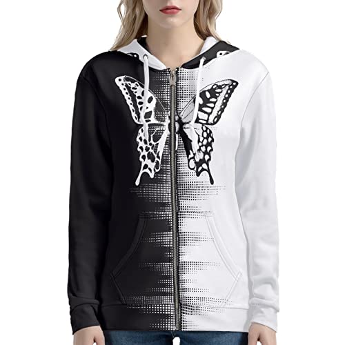 SCRAWLGOD Damen Zip Up Hoodie Oversized Sweatshirt Casual Langarm Tops Jacke mit Taschen, Gothic-Schmetterling, 42 von SCRAWLGOD