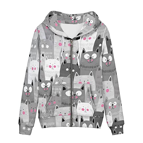 SCRAWLGOD Damen Zip Up Hoodie Oversized Sweatshirt Casual Langarm Tops Jacke mit Taschen, Graue Katzen, 46 von SCRAWLGOD