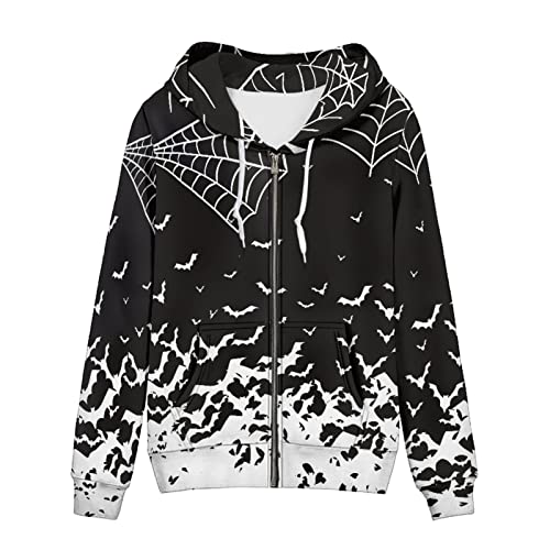 SCRAWLGOD Damen Zip Up Hoodie Oversized Sweatshirt Casual Langarm Tops Jacke mit Taschen, Halloween-Spinnennetz, 42 von SCRAWLGOD